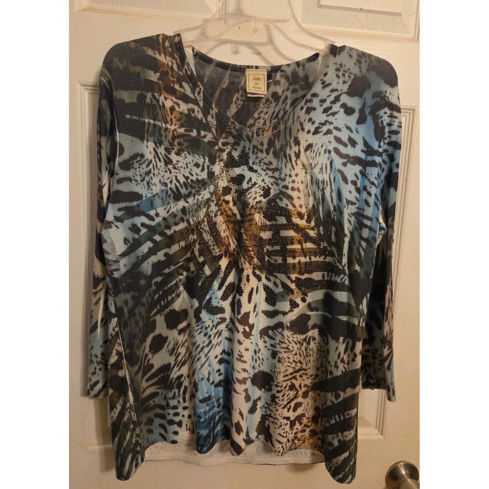 Jess And Jane Top Size M Rhinestones Round Neck 3/4 Sleeves Blues And Grays